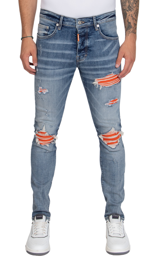 ORANGE RIPPED BIKER JEANS, ORANGE LABEL | DENIM